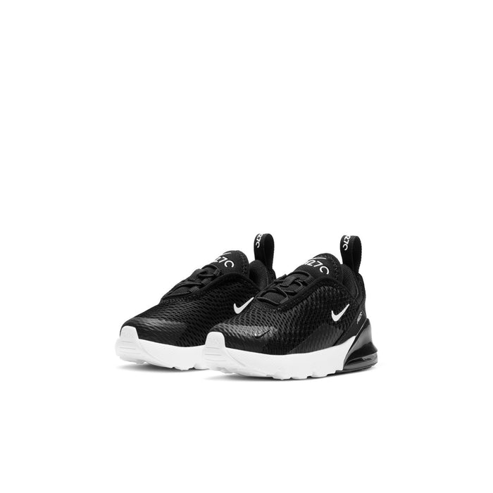 Toddler black Nike Air Max 270 sneaker pair with white cushioning midsole