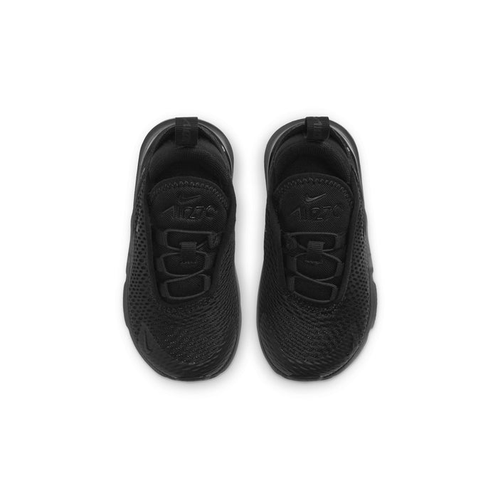 Black toddler Air Max 270 sneakers, top view of tongue and lace area