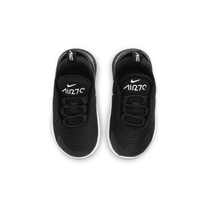 Toddler black Nike Air Max 270 sneakers from top view with Velcro straps