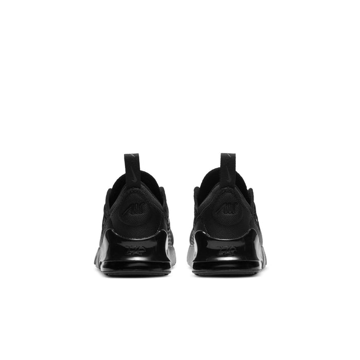 Black toddler Air Max 270 sneakers, back view with pull tab and heel