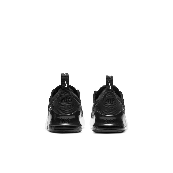 Toddler black Nike Air Max 270 sneakers from back view with heel air unit
