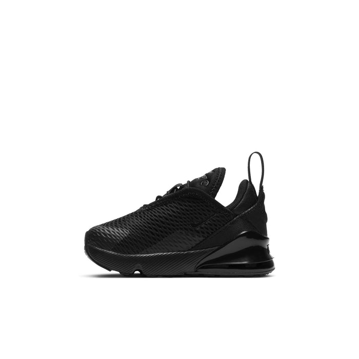 Black toddler Air Max 270 sneaker, angled side view with cushioned midsole