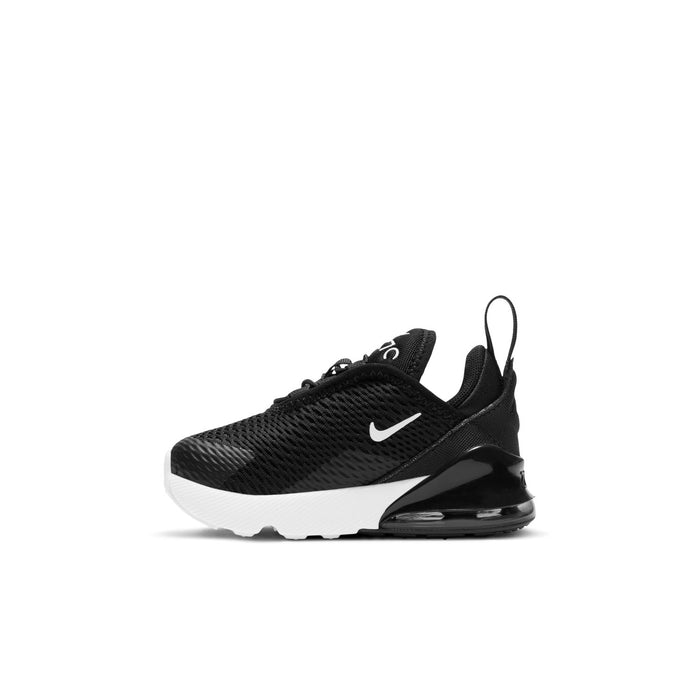 Toddler black Nike Air Max 270 low-profile sneaker with white midsole and Swoosh