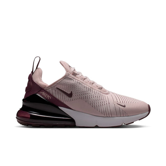 Women's running shoe with dusty pink knit upper, burgundy accents, and black air sole