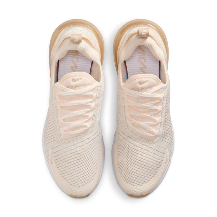 Women’s Air Max 270 shoes viewed from above, cream laces and padded tongue