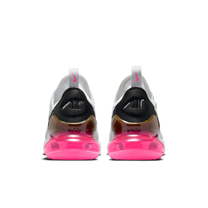 Women’s Nike Air Max 270 sneakers heel view with bright pink translucent Air unit