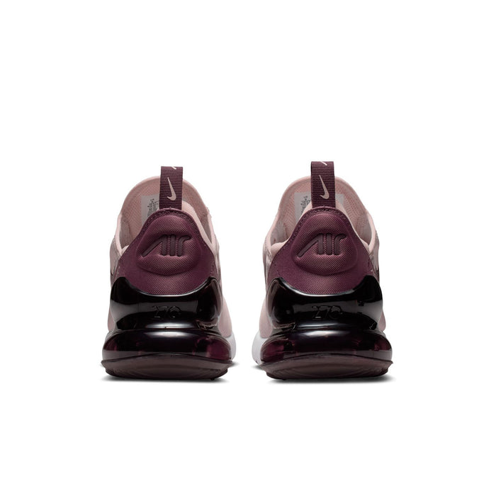 Women's running shoes showing rear view: dusty pink heels with burgundy pull tabs and black air