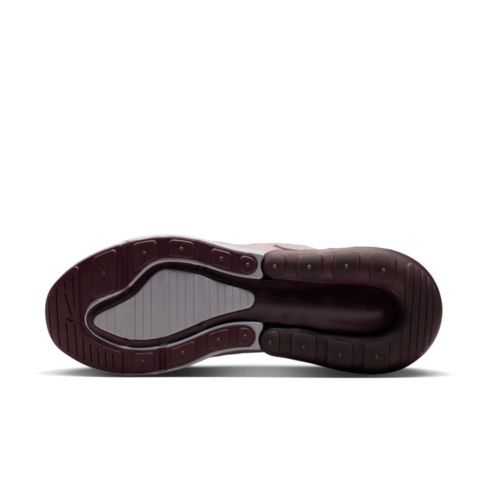 Rubber outsole for women's running shoe with dark tread pattern and burgundy-toned edges