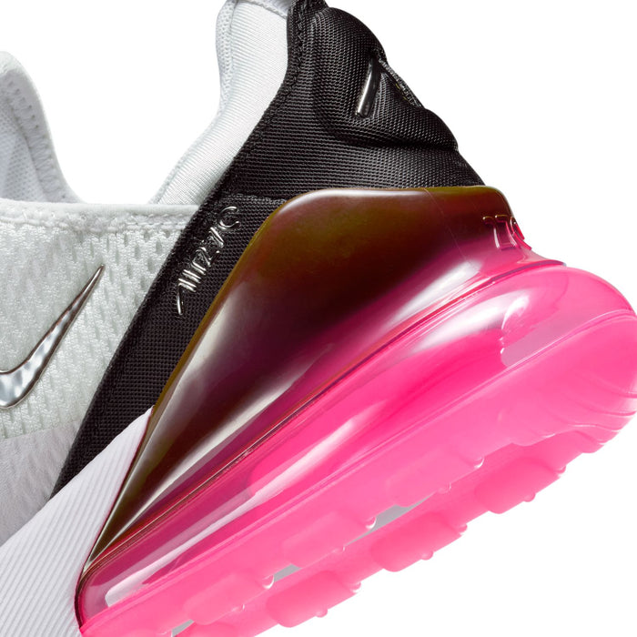 Women’s Nike Air Max 270 close-up: pink translucent Air unit with black collar and trim