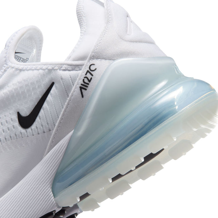 Close-up of Air Max 270 side showing white knit, black Swoosh, and blue air window