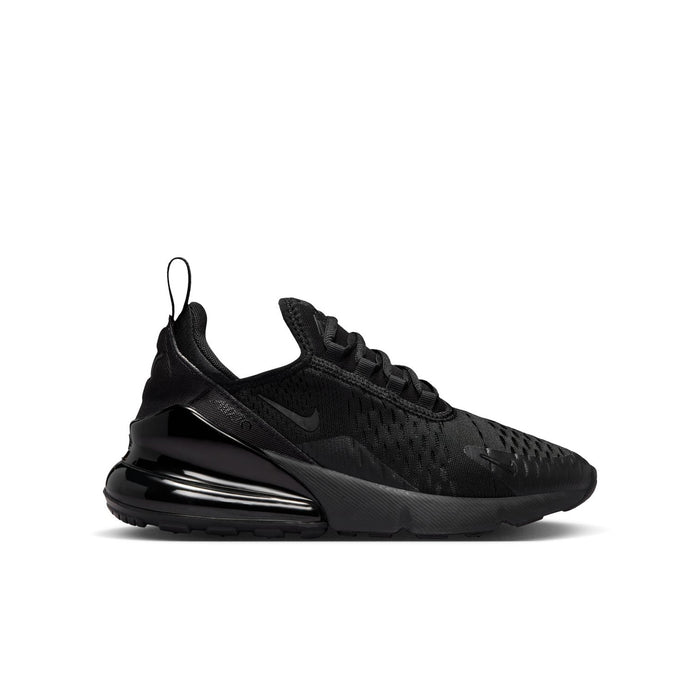 Youth black Air Max 270 sneakers with mesh upper, lace-up, and visible air sole