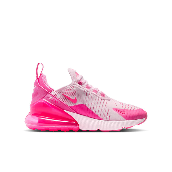 Youth Air Max 270 sneakers in pink and light gray, with visible Air unit sole