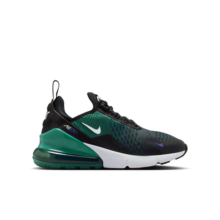 Youth Air Max 270 sneakers, black/teal mesh with white midsole and green air sole