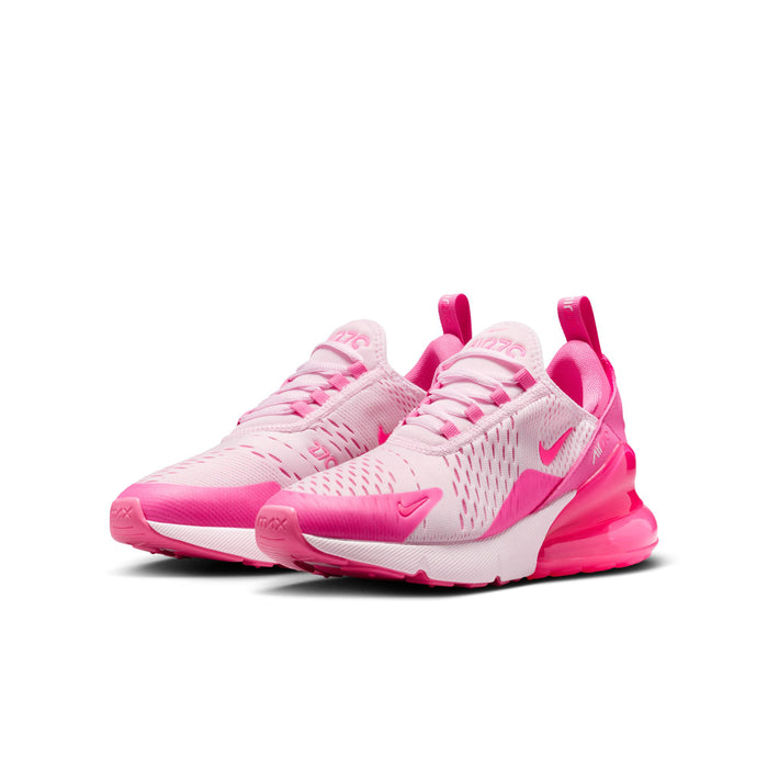 Youth Air Max 270 sneakers, white-pink upper with pink swoosh and Air sole