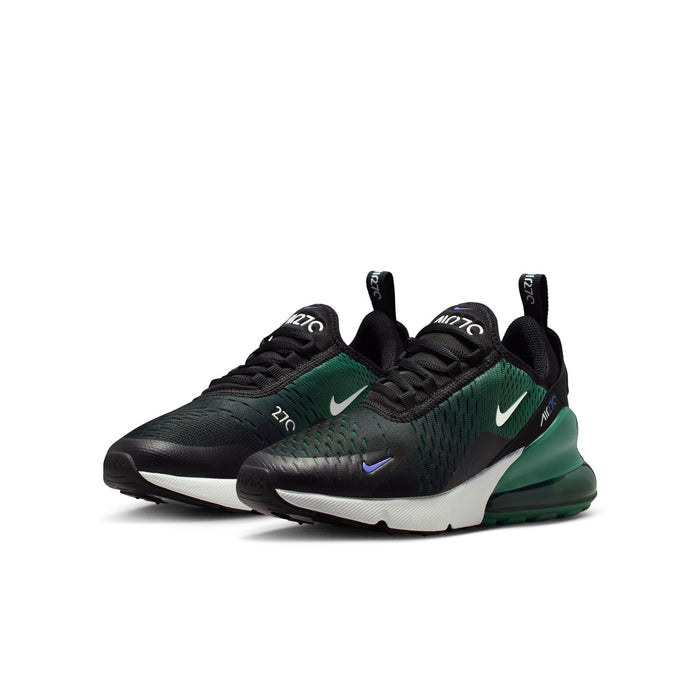 Youth Air Max 270 sneakers, black upper with teal accents, white midsole and green heel