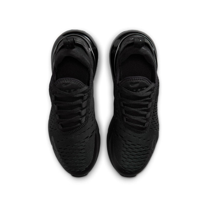 Youth black sneakers front view, lace-up vamp with textured perforated mesh