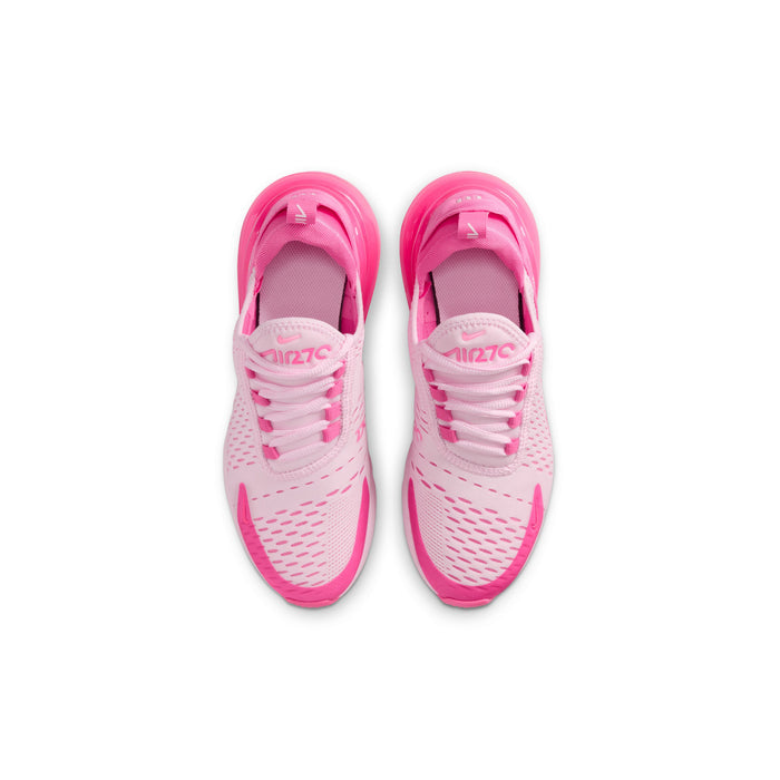 Youth Air Max 270 sneakers, pair view with pink laces and padded tongue