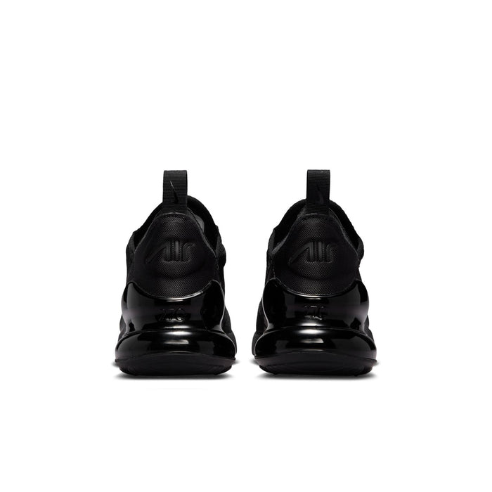 Youth black sneakers rear view with pull tab and glossy heel Air cushioning
