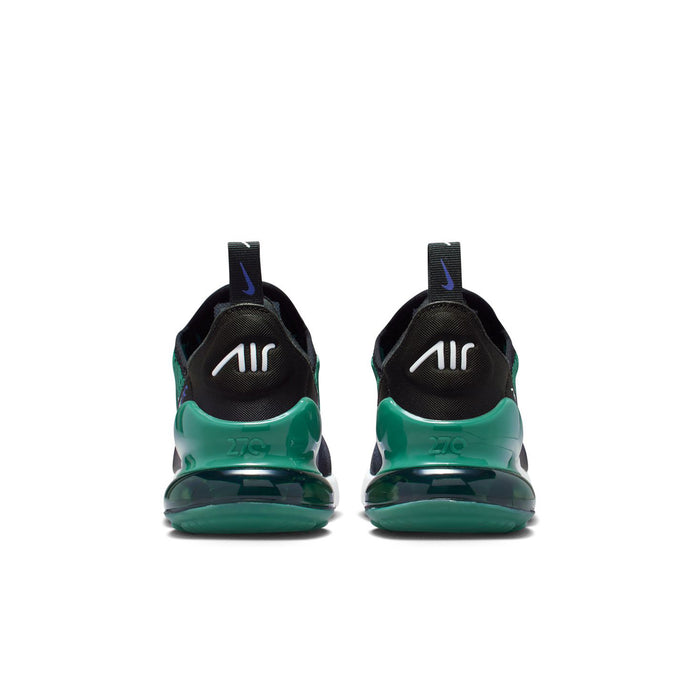 Youth Air Max 270 sneakers, black heel with green translucent air unit and rear pull tabs