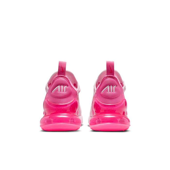 Youth Air Max 270 sneakers, rear view with Air heel cushioning in bright pink