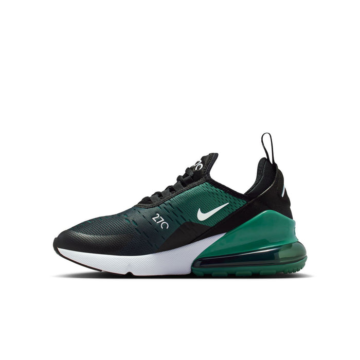 Youth Air Max 270 sneakers, black and teal knit with white midsole and green air unit