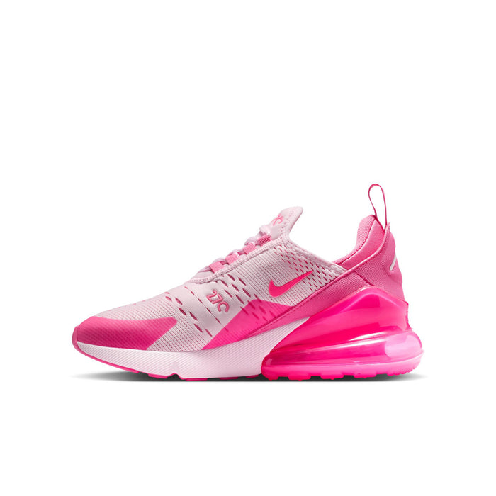 Youth Air Max 270 sneakers in pink foam and white, side profile with swoosh
