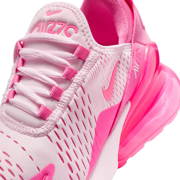Youth Air Max 270 close-up, pink laces and breathable knit upper with swoosh
