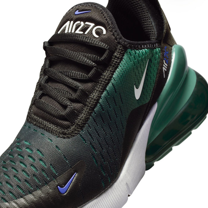 Youth Air Max 270 close-up, black laces with teal textured upper and small blue swoosh