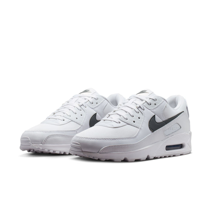 Men's Air Max 90 sneakers, white uppers with black swoosh, padded toe