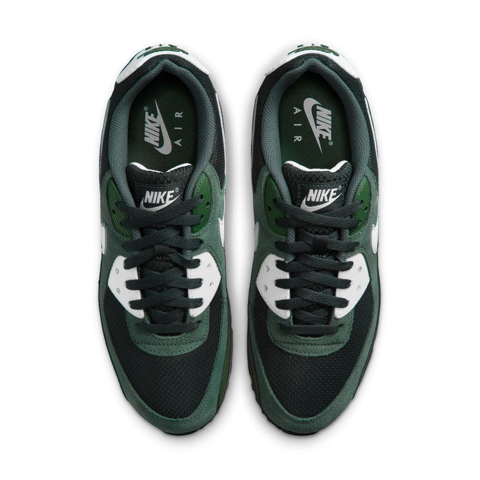 Men's Air Max 90 shoes with black and dark green uppers, lace-up front view, white accents