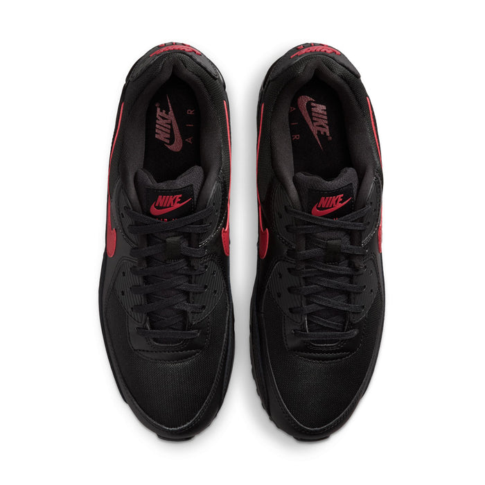 Nike Air Max 90 men's sneaker toe view, black mesh with red accent stitching