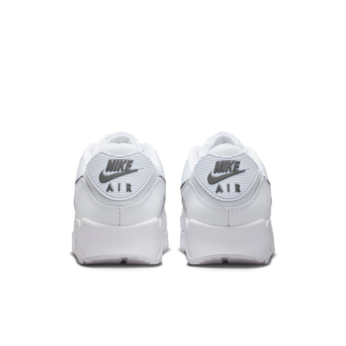Men's Air Max 90 sneakers, white heel with Nike Air text and dark swoosh accents