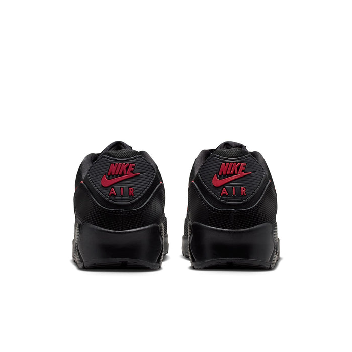 Nike Air Max 90 men's sneaker heel view, black with red Nike Air branding