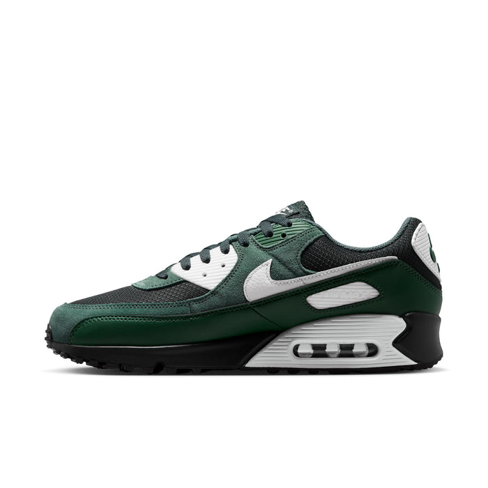 Men's Air Max 90 sneaker, dark green suede/mesh with white swoosh and visible air window