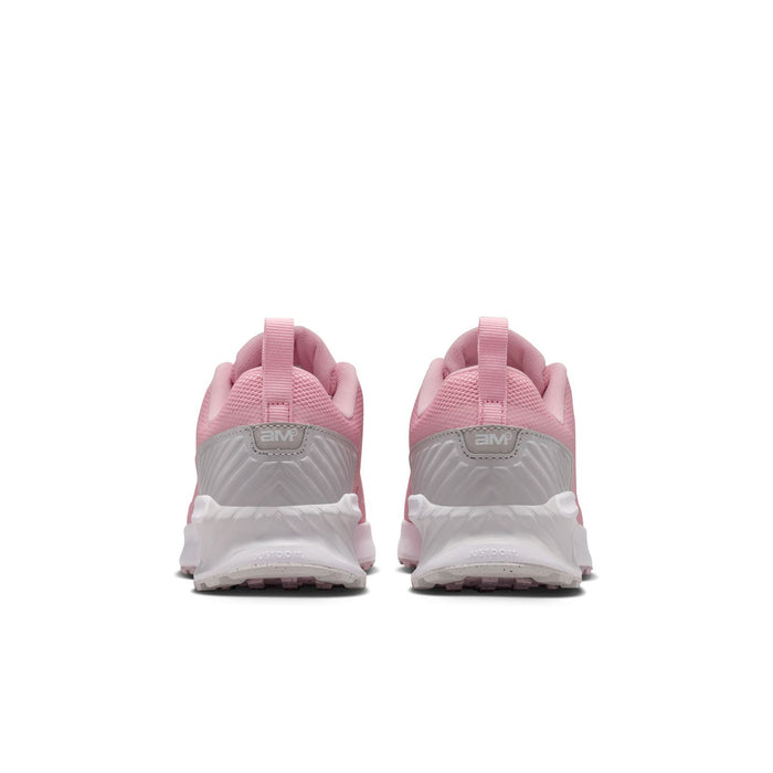 Youth running sneakers from heel view in pink with gray and white accents