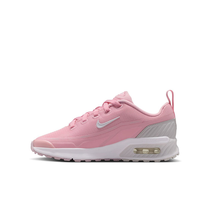 Pink youth running sneaker, front 3/4 angle with white Swoosh and air sole
