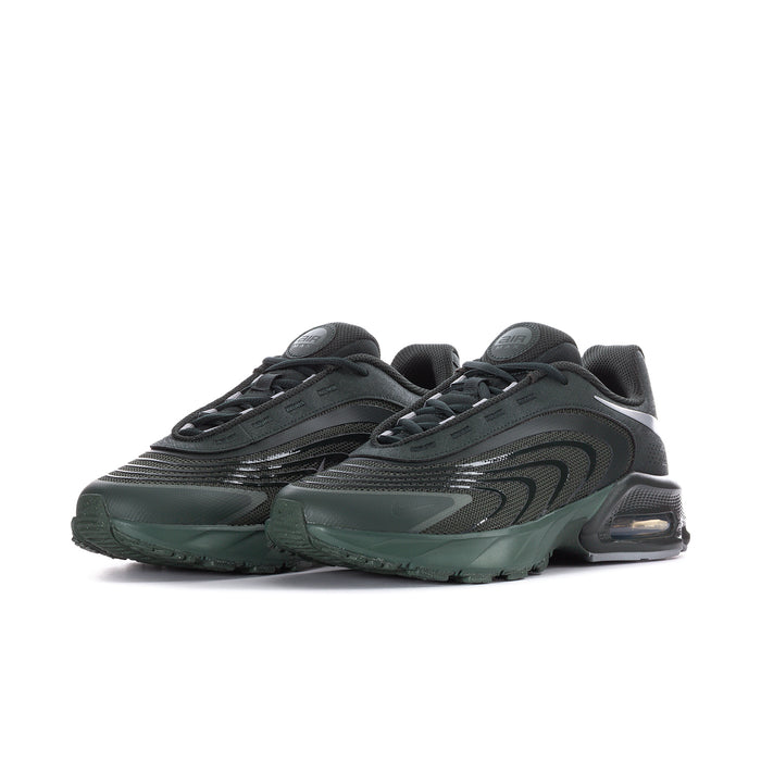 Men's running shoe, side view, dark green and black with white Swoosh and air pod