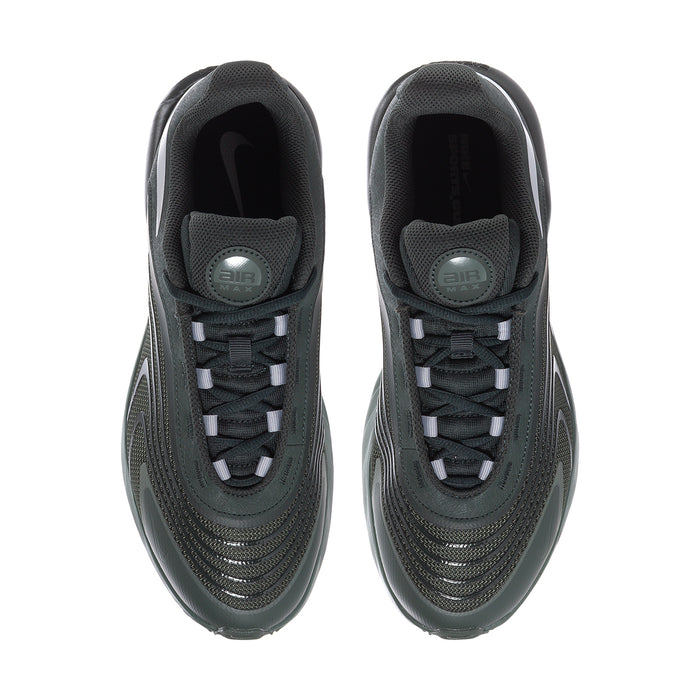 Men's running shoe front view, dark green knit upper with black laces and Air label