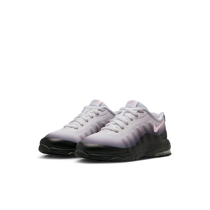 Kids running sneakers, side view, light gray knit upper with black midsole