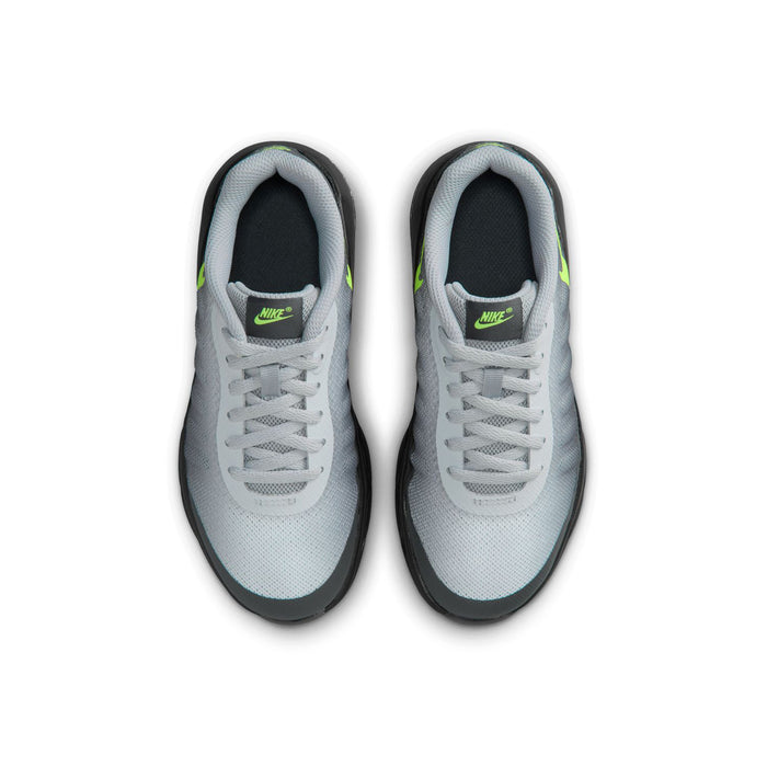 Kids' grey lace-up sneakers with black heel lining and neon green Swoosh on tongue