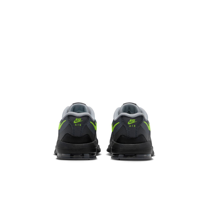 Kids' grey sneakers with black heel, neon green accents, and lace-up back view