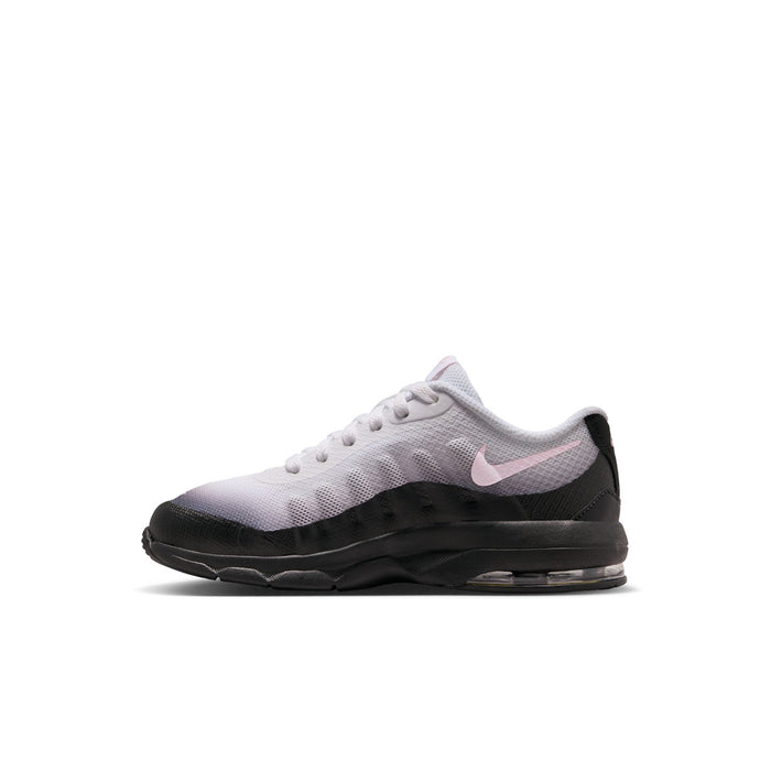 Kids running sneakers, angled side view, light gray upper with black sole