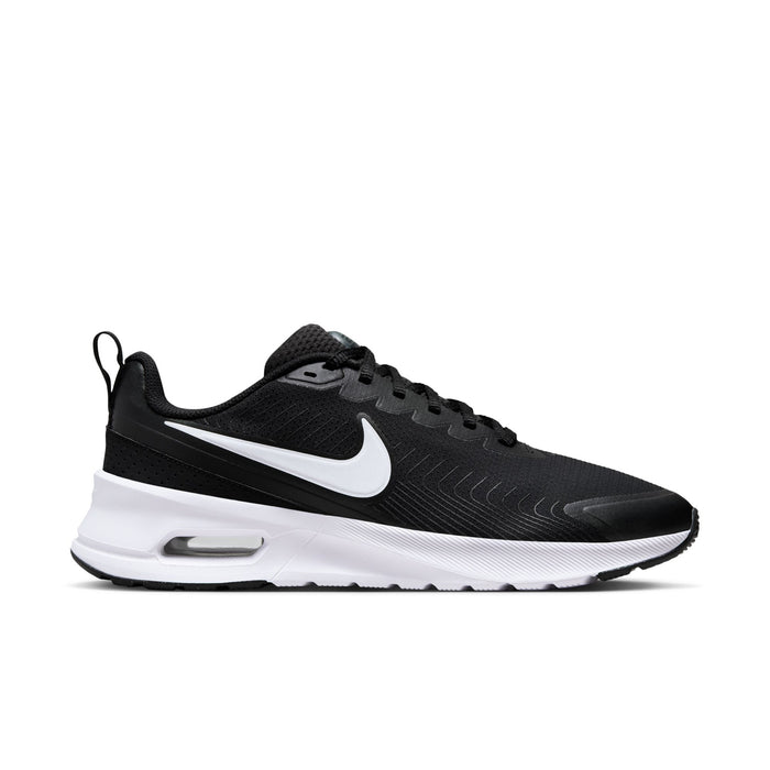 Men's Air Max NuAxis sneakers, black upper with white swoosh and white midsole.
