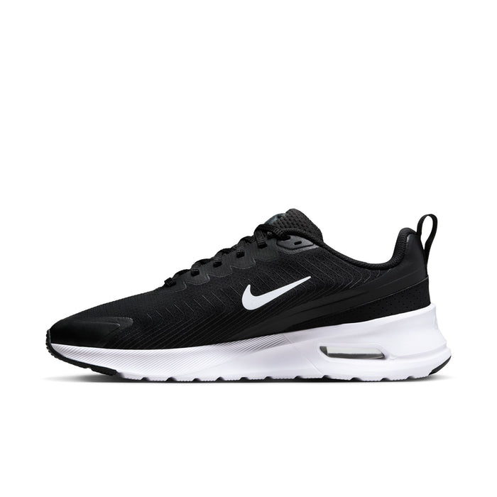 Men's Air Max NuAxis sneakers, black mesh with white swoosh and white midsole.