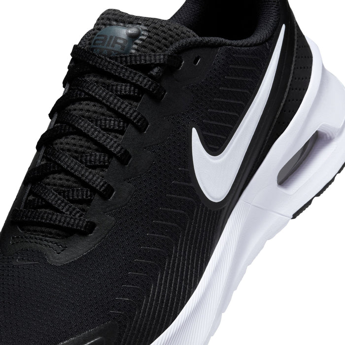 Men's Air Max NuAxis sneakers, black upper detail with white swoosh and lace panel.