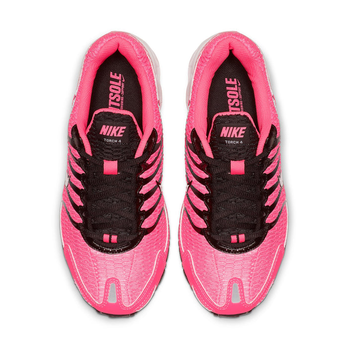 Womens pink Nike Air Max Torch 4 shoes, black laces, tongue shows Nike Torch 4 branding