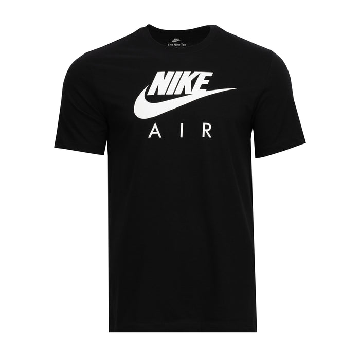 Men's black graphic Air T-shirt with white Nike logo and AIR text on front