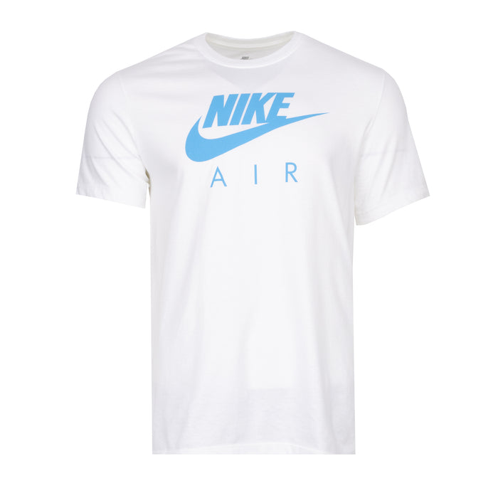 Men's white Nike Air T-shirt with blue swoosh and AIR graphic