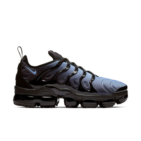 Men's running sneakers, black with blue side panels and Air sole cushioning