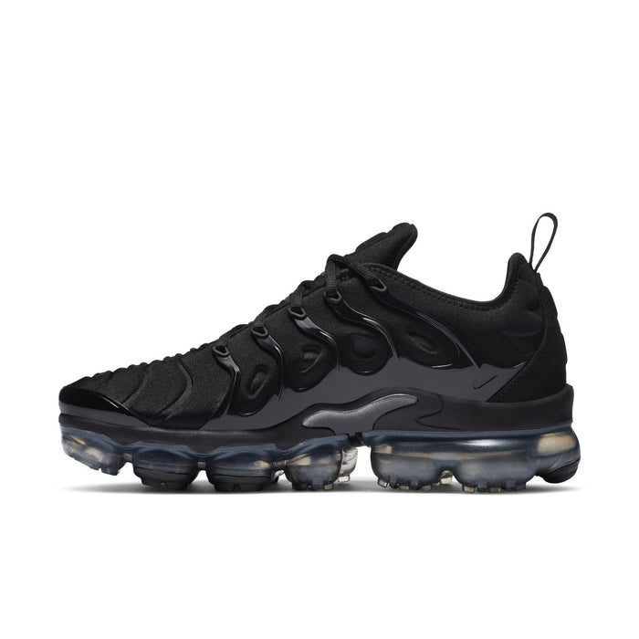 Women's black lace-up sneakers with sculpted side overlays and clear air bubbles.